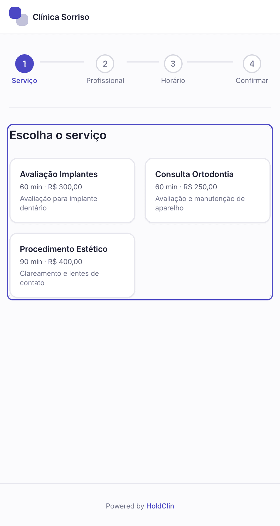 Página pública de agendamento da Clínica Sorriso no celular do paciente: passo 1 de 4, escolha do serviço